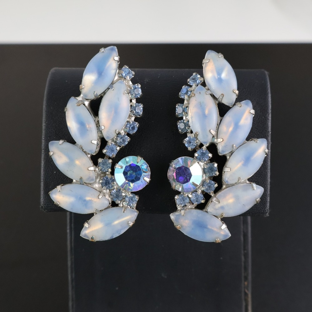 Vintage Blue Opal Glass Rhinestone AB Crystal Clip On Earrings Silver Tone Spray